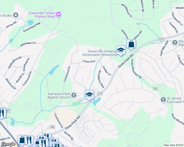 map of restaurants, bars, coffee shops, grocery stores, and more near 20 Parkstone Drive in Greenville