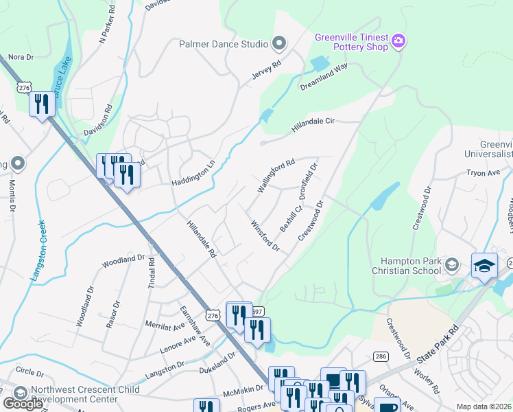 map of restaurants, bars, coffee shops, grocery stores, and more near 4 Wallingford Road in Greenville