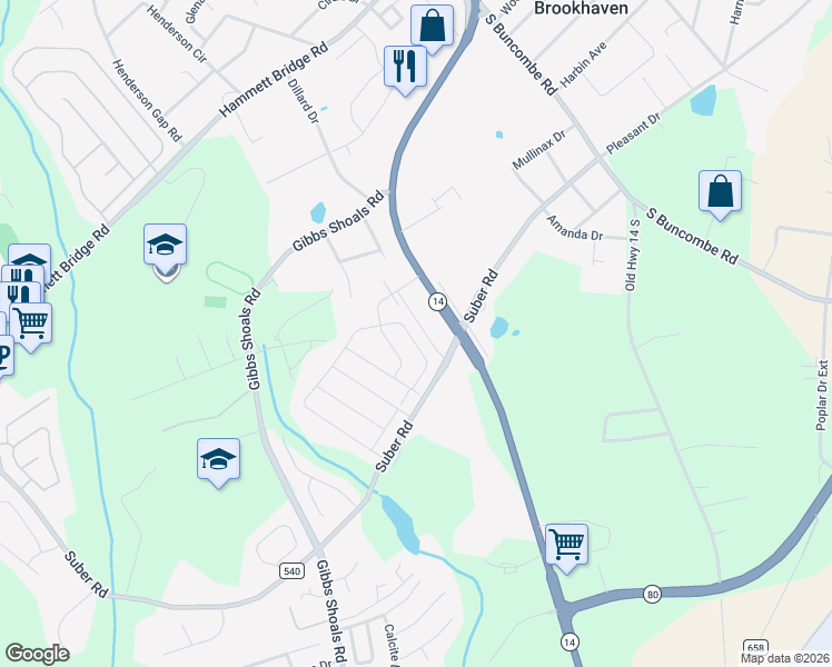 map of restaurants, bars, coffee shops, grocery stores, and more near 1670 South Carolina 14 in Greer