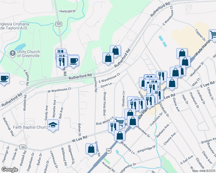 map of restaurants, bars, coffee shops, grocery stores, and more near 102 Dove Lane in Taylors