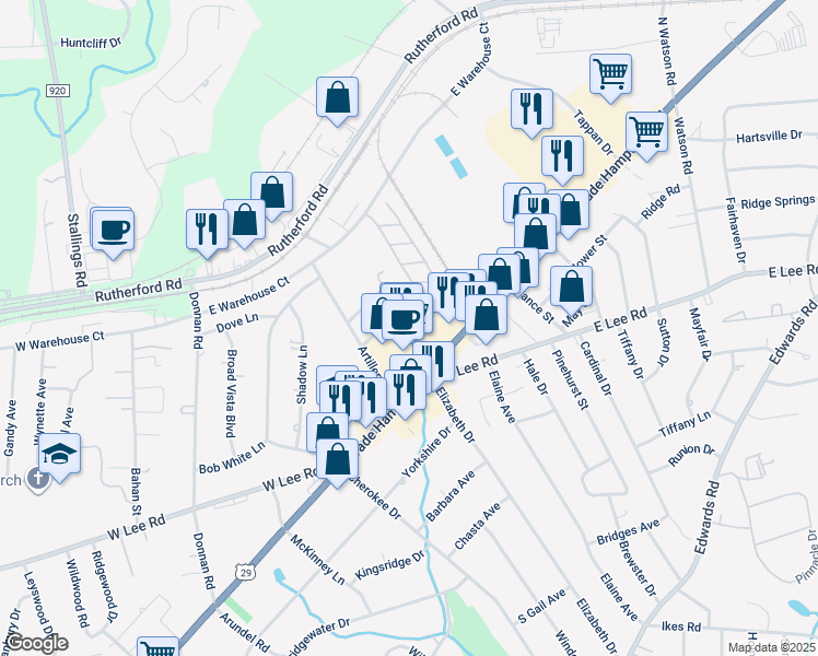 map of restaurants, bars, coffee shops, grocery stores, and more near 2805 Wade Hampton Boulevard in Taylors