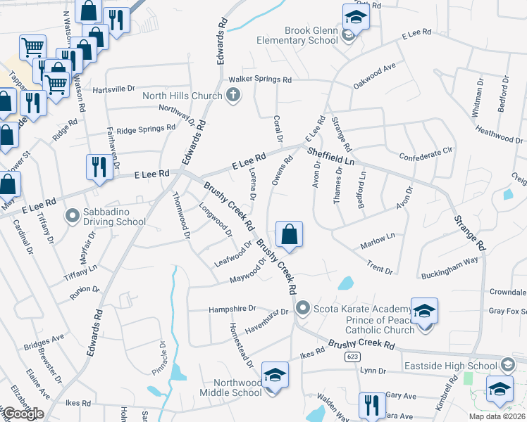 map of restaurants, bars, coffee shops, grocery stores, and more near 11 Owens Road in Taylors