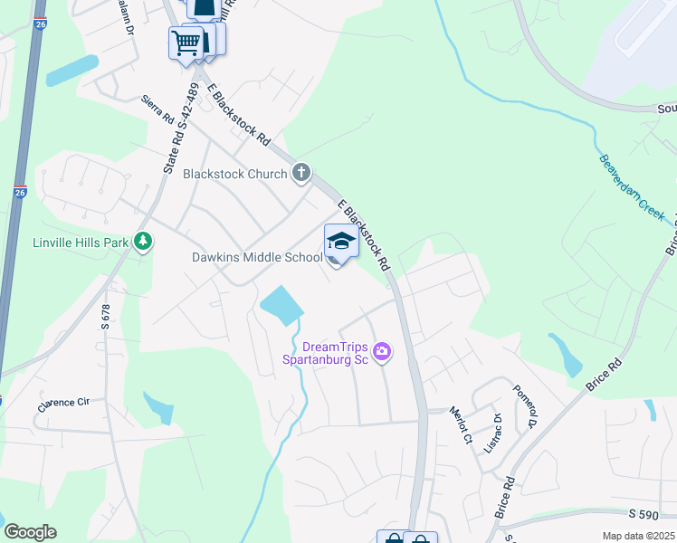 map of restaurants, bars, coffee shops, grocery stores, and more near 1300 East Blackstock Road in Moore