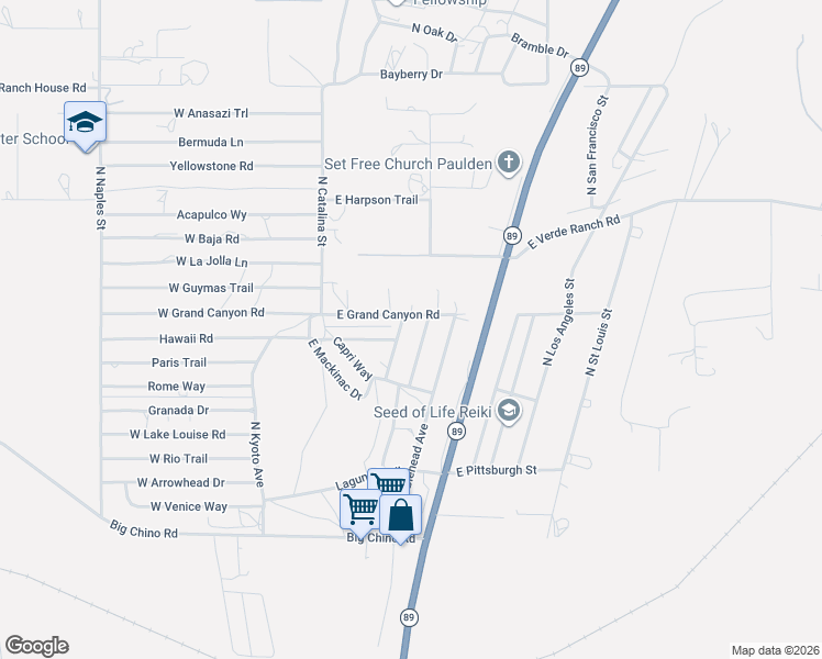 map of restaurants, bars, coffee shops, grocery stores, and more near 24451 N Diamond Head Ave in Paulden