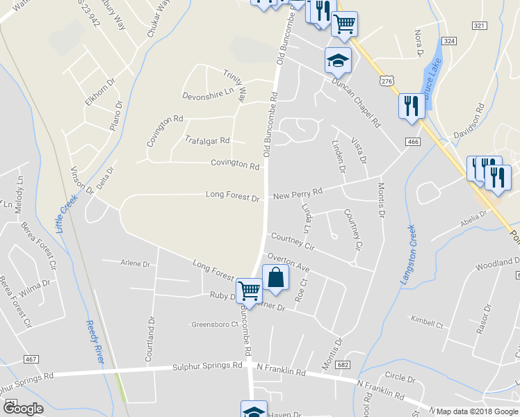 map of restaurants, bars, coffee shops, grocery stores, and more near 4307 Old Buncombe Road in Greenville