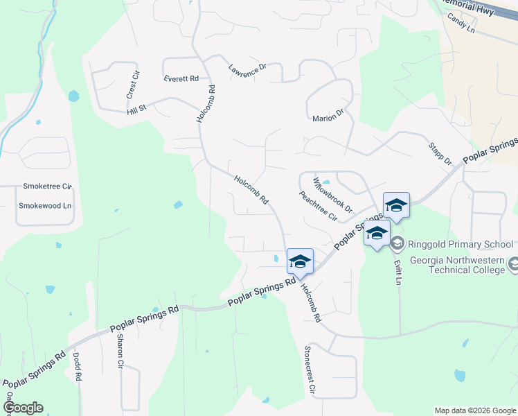 map of restaurants, bars, coffee shops, grocery stores, and more near 34 Sunset Drive in Ringgold
