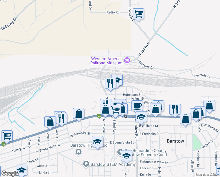 map of restaurants, bars, coffee shops, grocery stores, and more near 104 East Cottage Street in Barstow