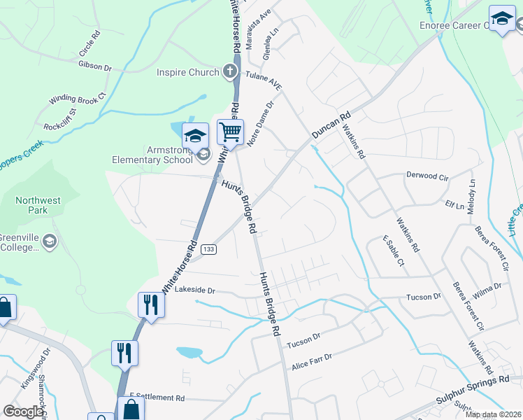 map of restaurants, bars, coffee shops, grocery stores, and more near 56 Hunts Bridge Road in Greenville