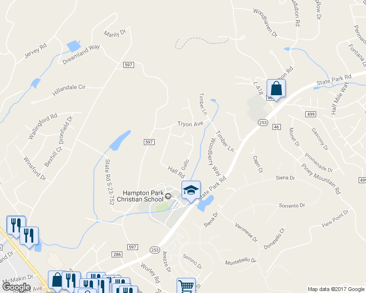 map of restaurants, bars, coffee shops, grocery stores, and more near 5 Parkstone Court in Greenville