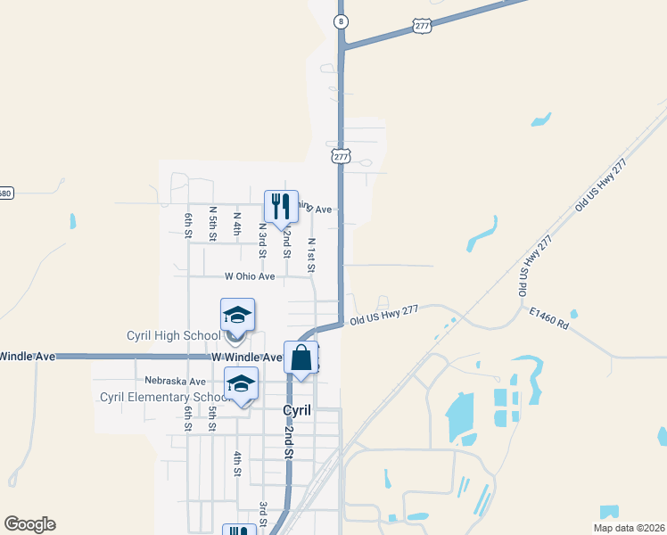 map of restaurants, bars, coffee shops, grocery stores, and more near 621 North Basket Street in Cyril