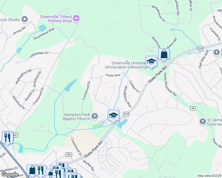 map of restaurants, bars, coffee shops, grocery stores, and more near 5 Parkstone Court in Greenville