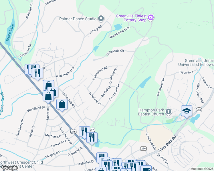 map of restaurants, bars, coffee shops, grocery stores, and more near 10 Norwich Drive in Greenville