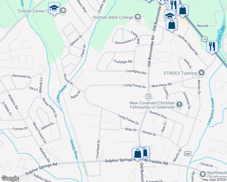 map of restaurants, bars, coffee shops, grocery stores, and more near 33 Long Forest Drive in Greenville
