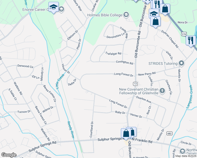 map of restaurants, bars, coffee shops, grocery stores, and more near 43 Long Forest Drive in Greenville