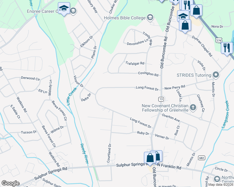 map of restaurants, bars, coffee shops, grocery stores, and more near 43 Long Forest Drive in Greenville