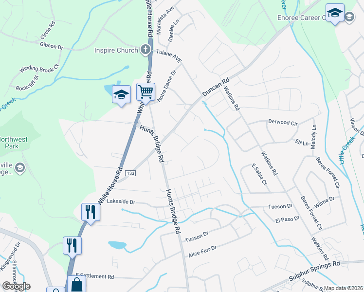 map of restaurants, bars, coffee shops, grocery stores, and more near 5 Mosspoint Drive in Greenville