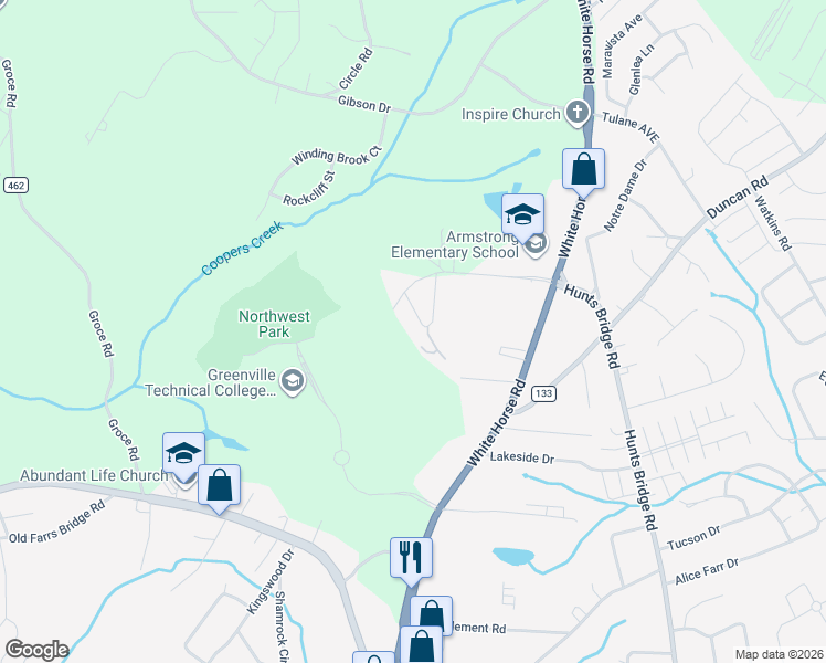 map of restaurants, bars, coffee shops, grocery stores, and more near 20 Blanche Road in Greenville