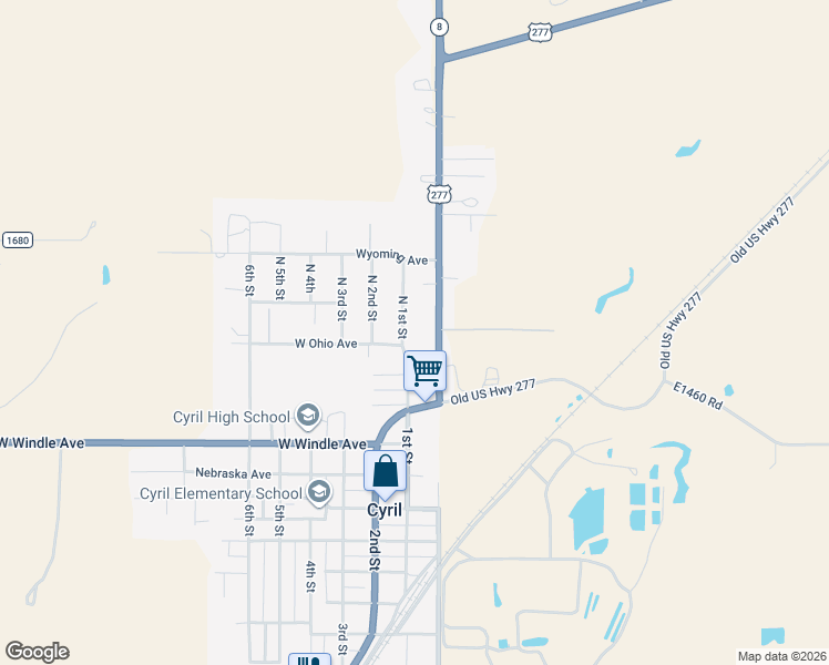 map of restaurants, bars, coffee shops, grocery stores, and more near 621 North Basket Street in Cyril