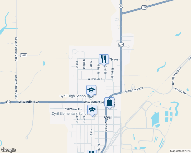 map of restaurants, bars, coffee shops, grocery stores, and more near 206 West Ohio Street in Cyril