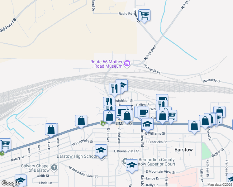 map of restaurants, bars, coffee shops, grocery stores, and more near 112 East Cottage Street in Barstow