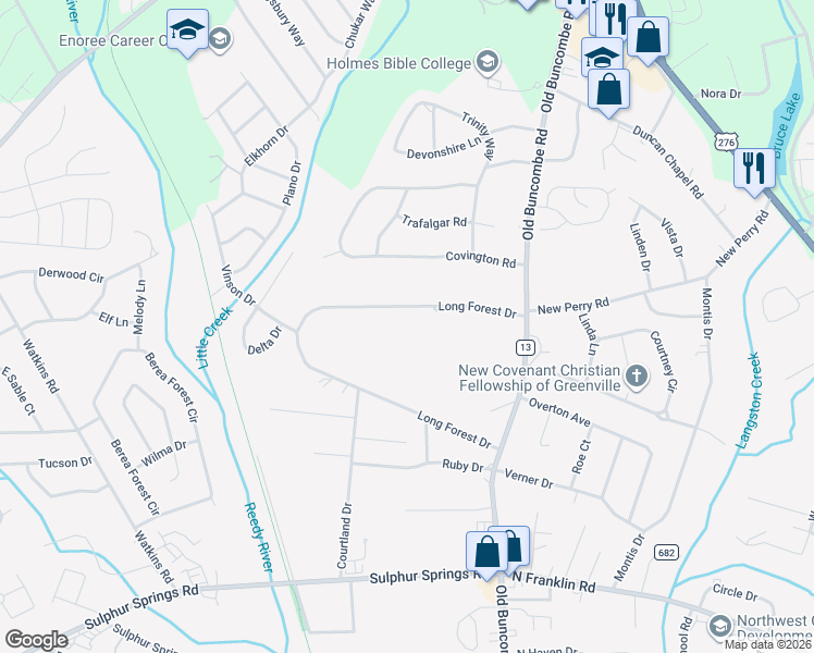 map of restaurants, bars, coffee shops, grocery stores, and more near 33 Long Forest Drive in Greenville
