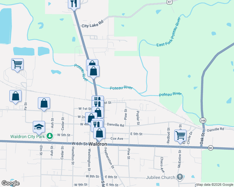 map of restaurants, bars, coffee shops, grocery stores, and more near 228 Featherston Circle in Waldron