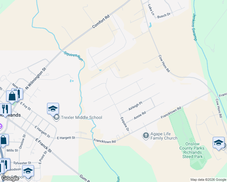 map of restaurants, bars, coffee shops, grocery stores, and more near 103 Landover Drive in Richlands