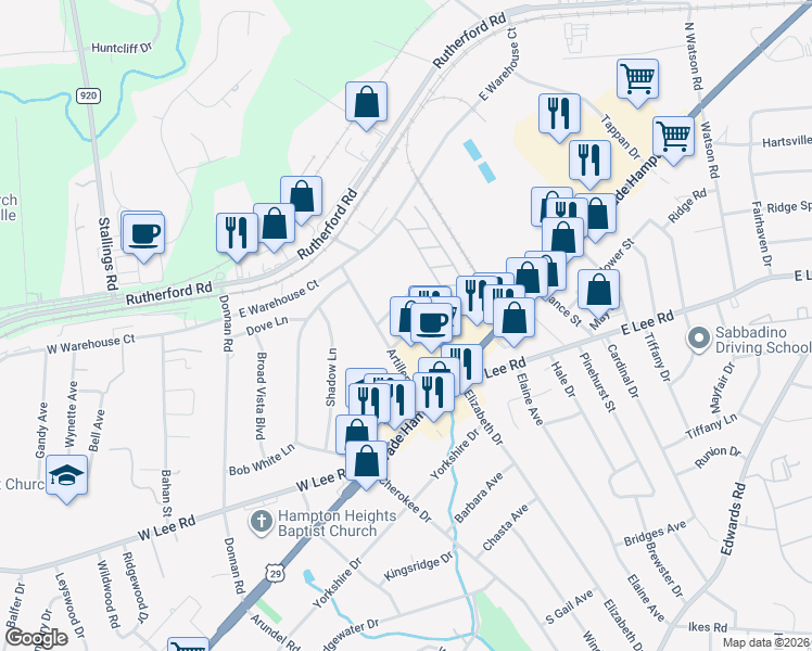 map of restaurants, bars, coffee shops, grocery stores, and more near 2805 Wade Hampton Boulevard in Taylors