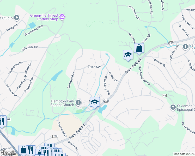 map of restaurants, bars, coffee shops, grocery stores, and more near 20 Parkstone Drive in Greenville