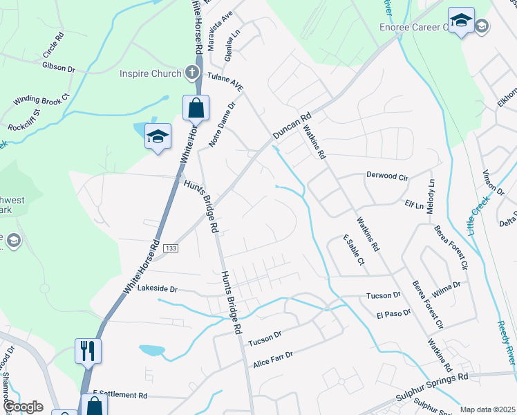 map of restaurants, bars, coffee shops, grocery stores, and more near 104 Mosspoint Drive in Greenville