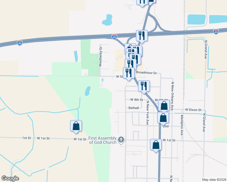 map of restaurants, bars, coffee shops, grocery stores, and more near 700 West Sixth Street in Brinkley