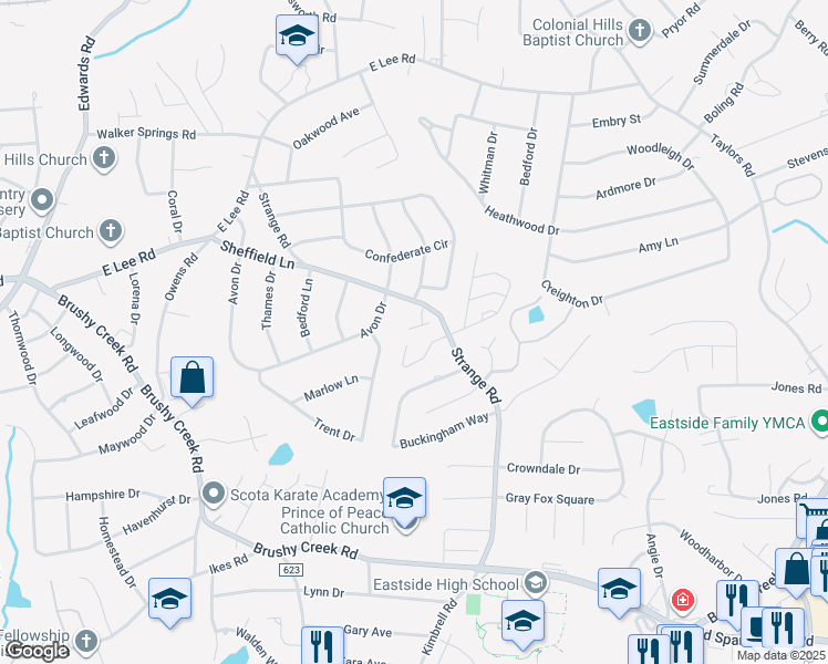 map of restaurants, bars, coffee shops, grocery stores, and more near 7 Pineneedle Lane in Taylors