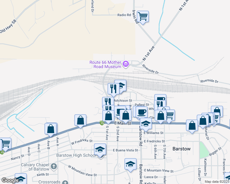 map of restaurants, bars, coffee shops, grocery stores, and more near 104 East Cottage Street in Barstow