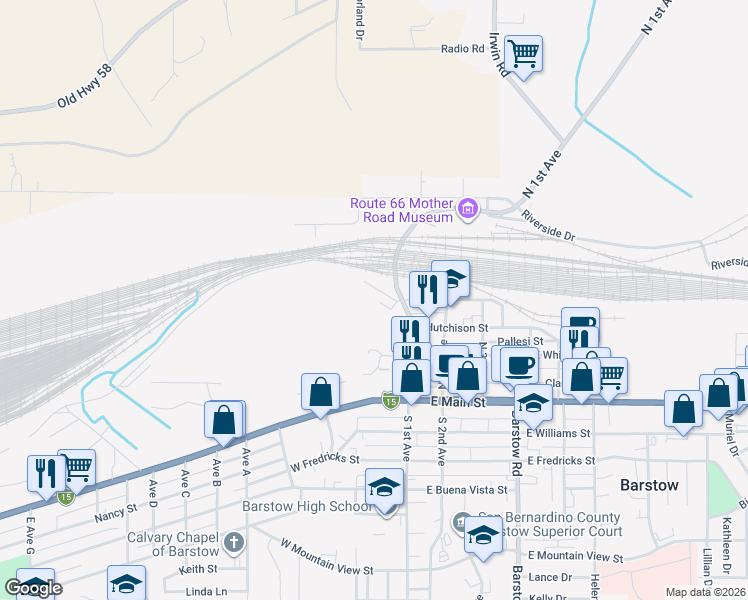 map of restaurants, bars, coffee shops, grocery stores, and more near 200 West Cottage Street in Barstow