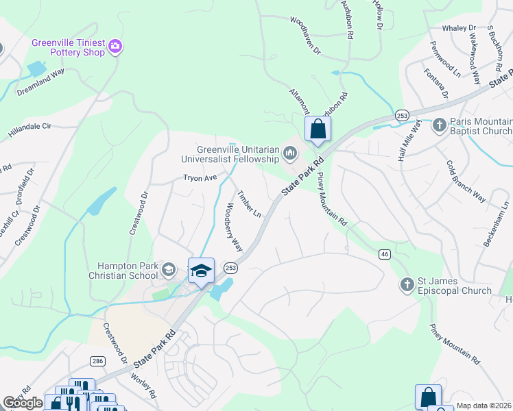map of restaurants, bars, coffee shops, grocery stores, and more near 2 Timber Lane in Greenville