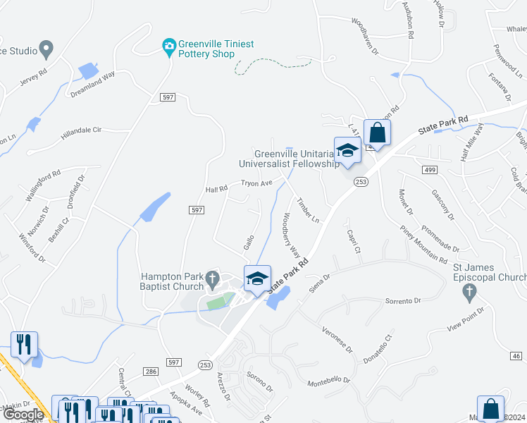 map of restaurants, bars, coffee shops, grocery stores, and more near 20 Parkstone Drive in Greenville