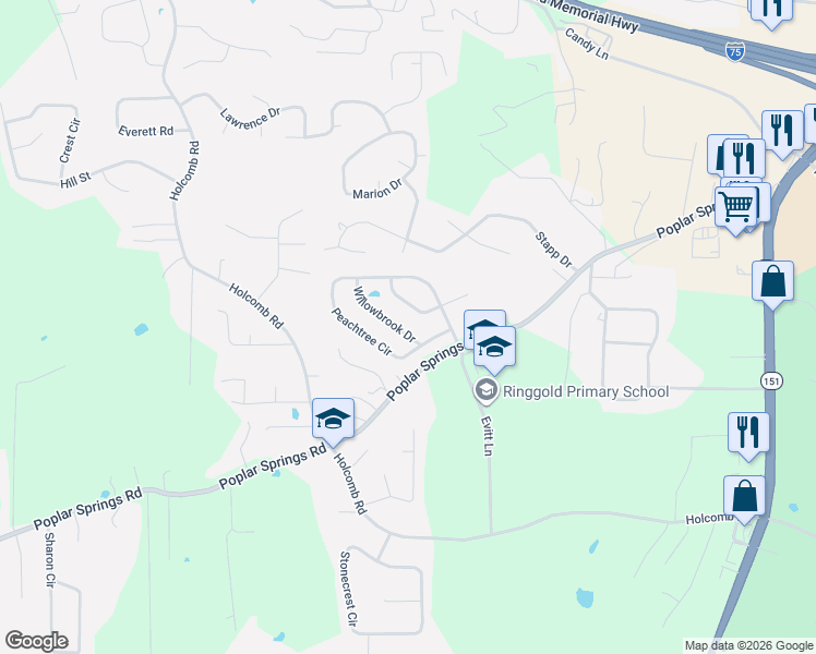 map of restaurants, bars, coffee shops, grocery stores, and more near 42 Willowbrook Drive in Ringgold