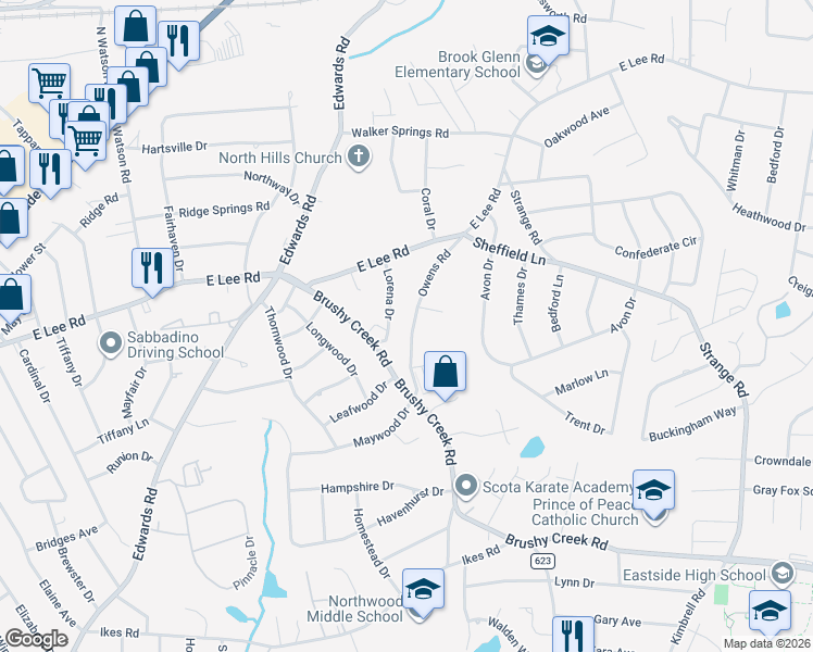 map of restaurants, bars, coffee shops, grocery stores, and more near 11 Owens Road in Taylors
