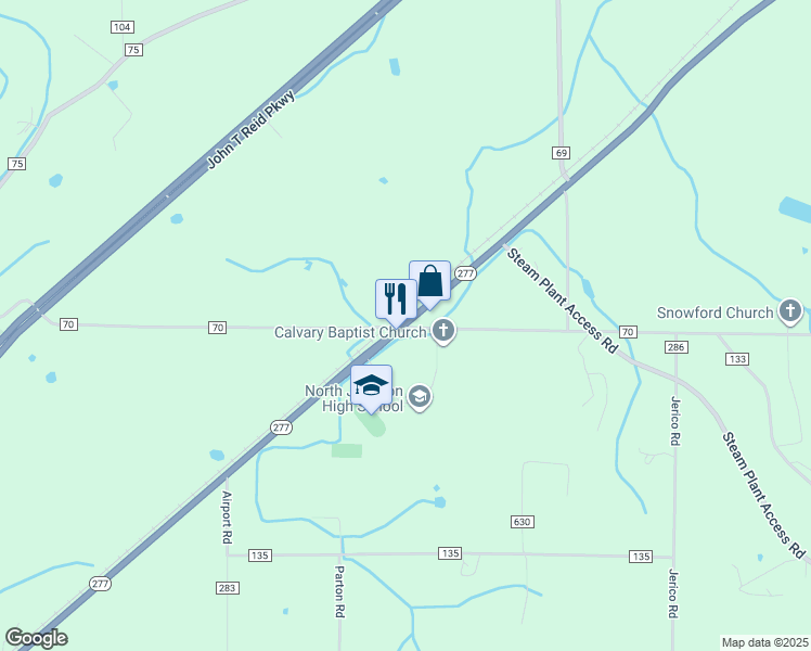 map of restaurants, bars, coffee shops, grocery stores, and more near 45549 Alabama 277 in Stevenson
