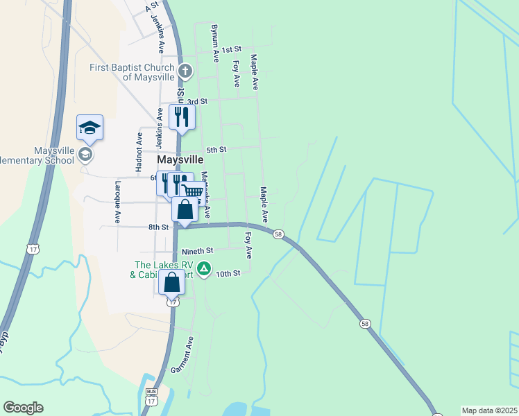 map of restaurants, bars, coffee shops, grocery stores, and more near 703 Maple Avenue in Maysville
