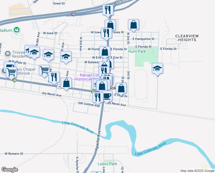 map of restaurants, bars, coffee shops, grocery stores, and more near 266 Navajo Boulevard in Holbrook