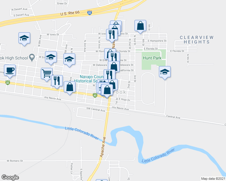map of restaurants, bars, coffee shops, grocery stores, and more near 266 Navajo Boulevard in Holbrook