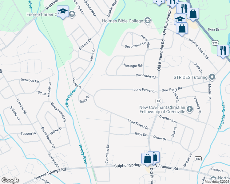 map of restaurants, bars, coffee shops, grocery stores, and more near 43 Long Forest Drive in Greenville