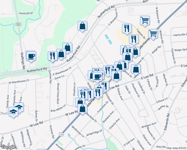 map of restaurants, bars, coffee shops, grocery stores, and more near 2805 Wade Hampton Boulevard in Taylors