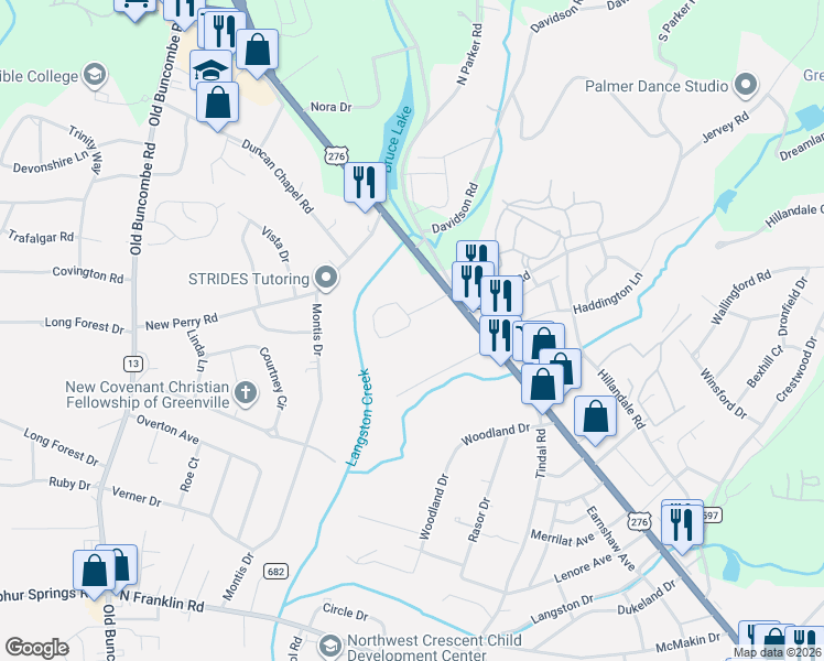 map of restaurants, bars, coffee shops, grocery stores, and more near 107 Cope Circle in Greenville