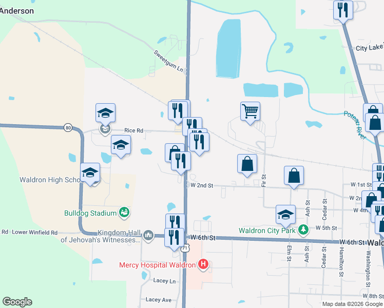 map of restaurants, bars, coffee shops, grocery stores, and more near 9-85 Highway 28 in Waldron