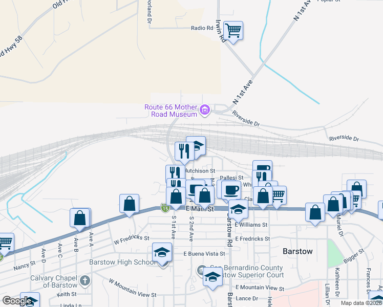 map of restaurants, bars, coffee shops, grocery stores, and more near 121 East Cottage Street in Barstow