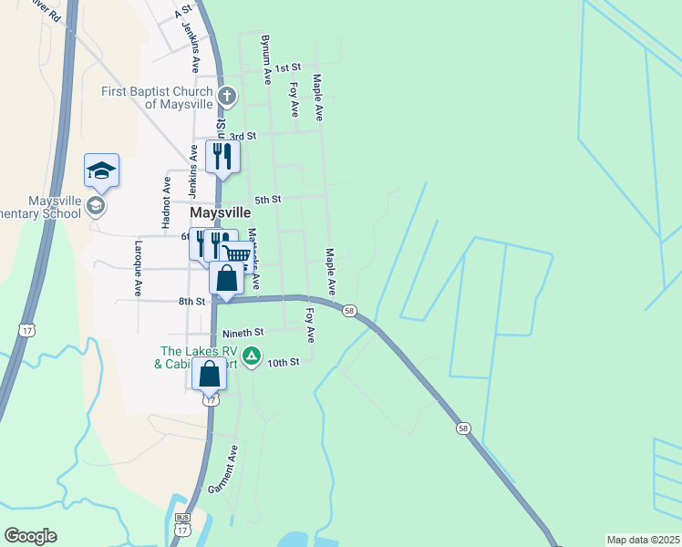 map of restaurants, bars, coffee shops, grocery stores, and more near 703 Maple Avenue in Maysville