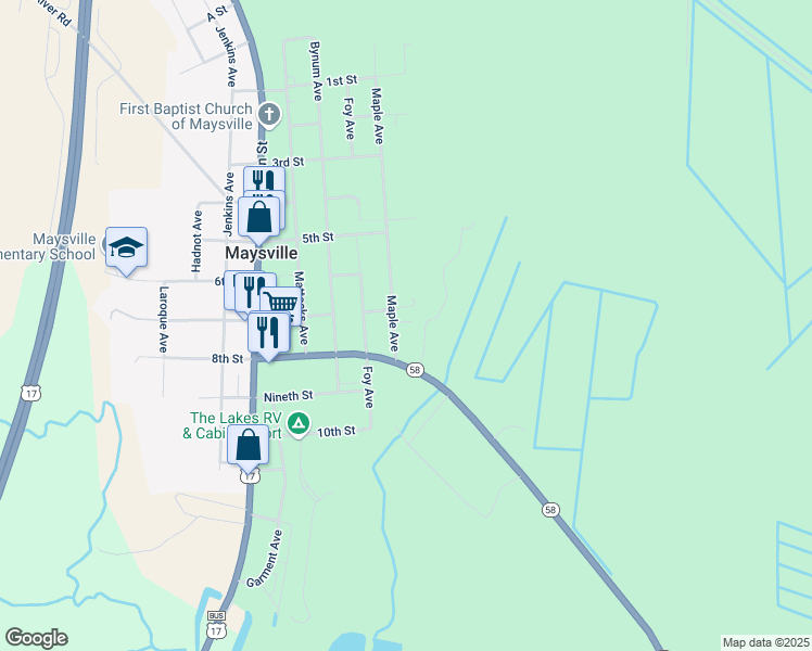 map of restaurants, bars, coffee shops, grocery stores, and more near 703 Maple Avenue in Maysville