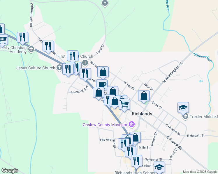 map of restaurants, bars, coffee shops, grocery stores, and more near 401 West Hargett Street in Richlands